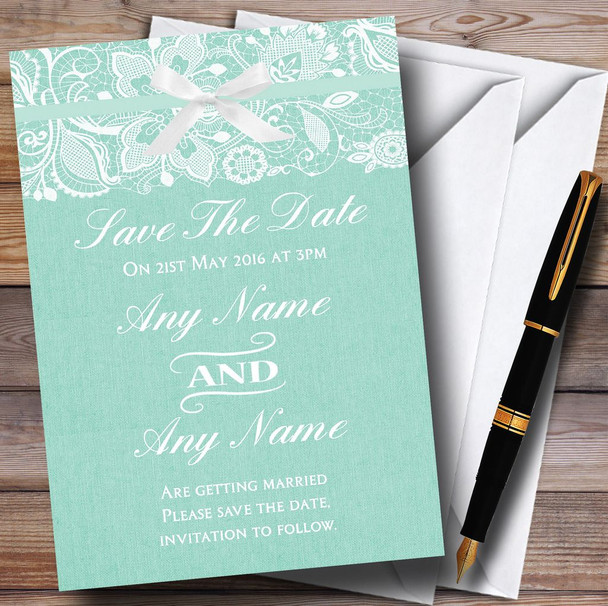 Vintage Mint Green Burlap and Lace Personalised Wedding Save The Date Cards