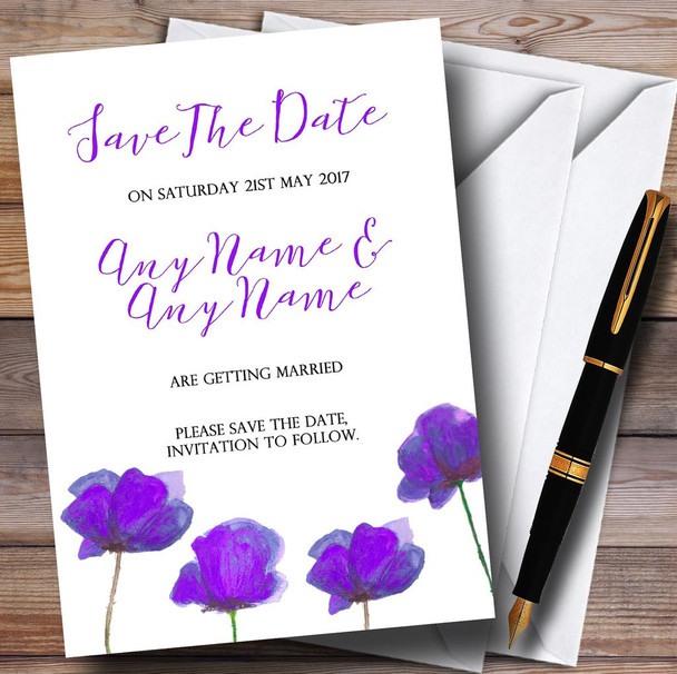 Stunning Watercolour Poppies Purple Personalised Wedding Save The Date Cards