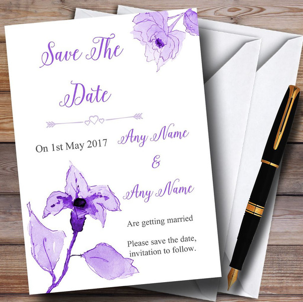 Beautiful Cadbury Purple Watercolour Flowers Personalised Save The Date Cards