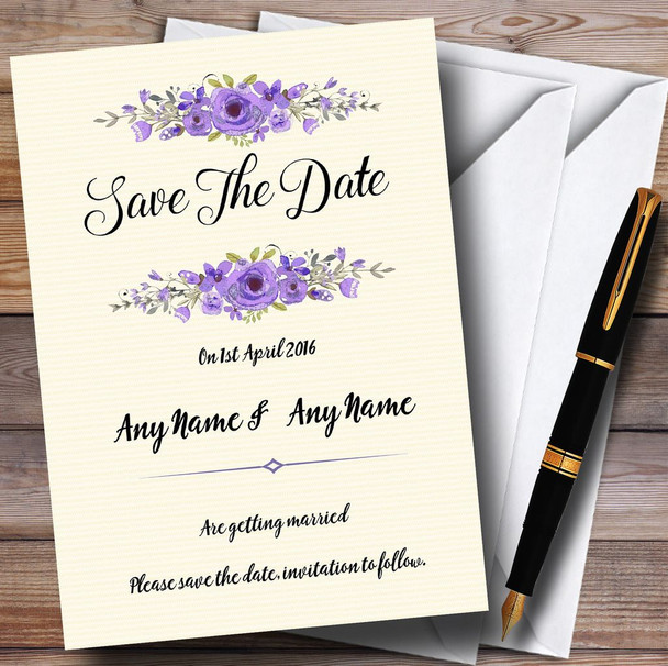 Watercolour Purple Floral Rustic Personalised Wedding Save The Date Cards