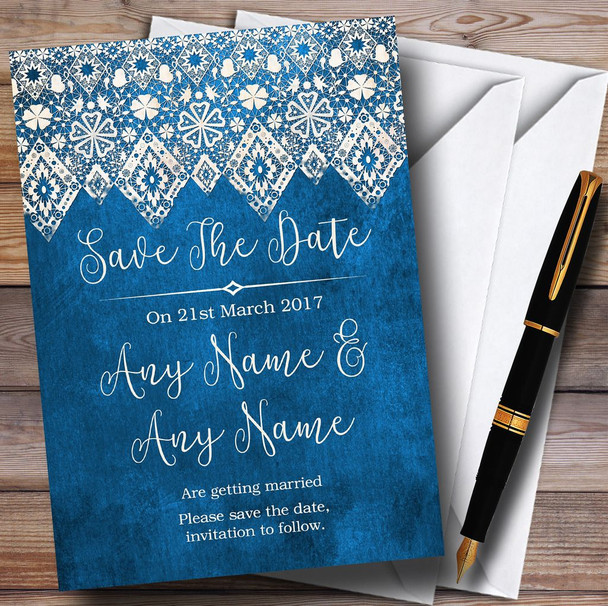 Vintage Blue Old Paper & Vintage Lace Effect Personalised Save The Date Cards