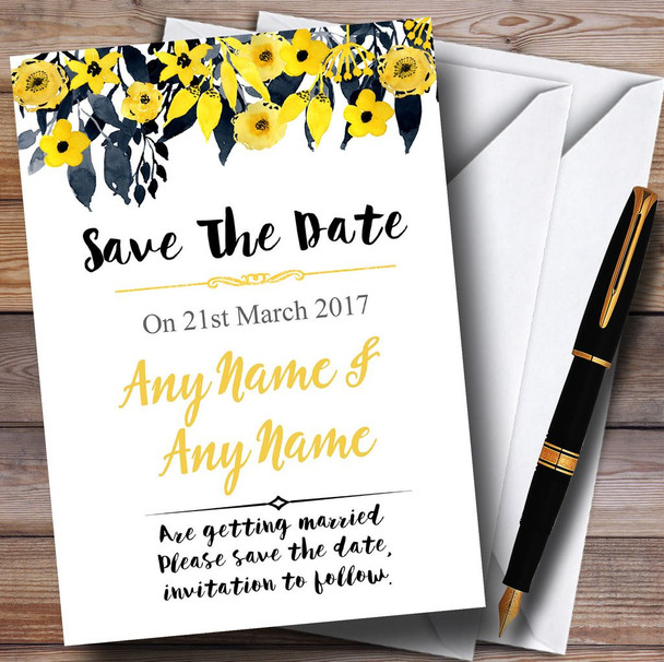 Watercolour Black and Yellow Floral Header Personalised Save The Date Cards