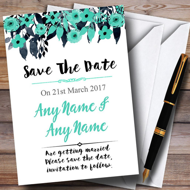 Watercolour Black & Aqua Green Floral Header Personalised Save The Date Cards