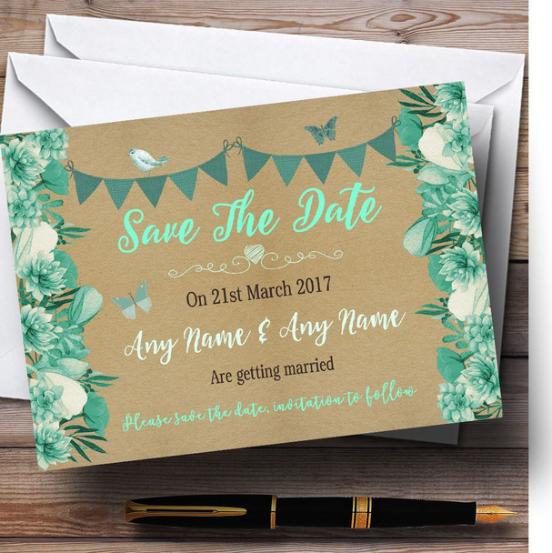 Teal and Mint Green Rustic Bunting and Floral Personalised Save The Date Cards