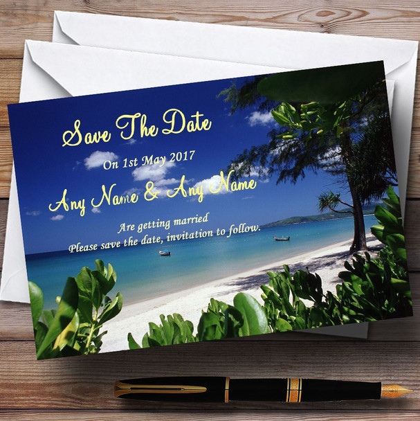Thailand Beach Palm Tree Personalised Wedding Save The Date Cards