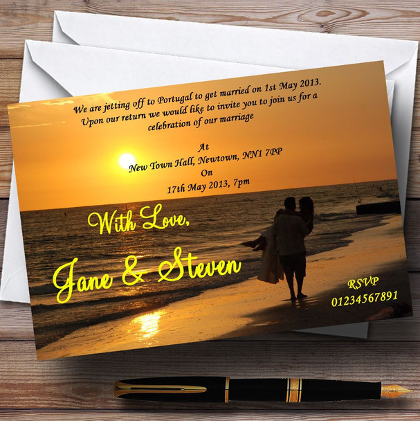 Romantic Beach Groom Carrying Bride Jetting Off Abroad Personalised Wedding Invitations