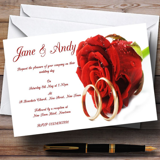 Red Romantic Rose Wedding Rings Personalised Wedding Invitations