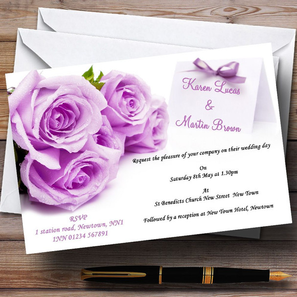 Beautiful Lilac / Purple Rose Personalised Wedding Invitations