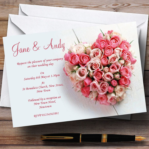 Pink Invitations Heart Pink Heart Roses Personalised Wedding Invitations - The Card Zoo