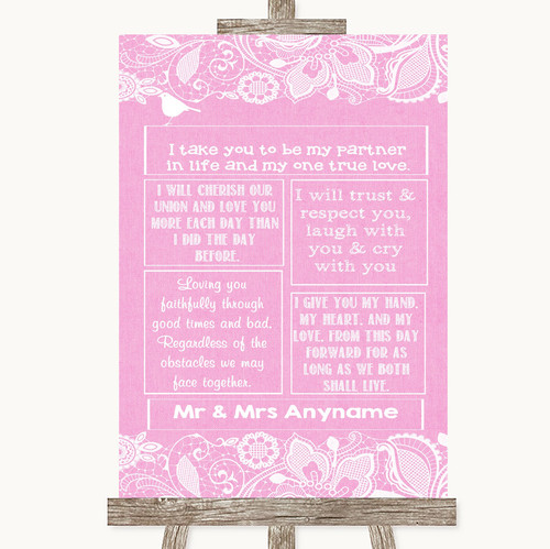 Pink Burlap and Lace Romantic Vows Personalised Wedding Sign - The Card Zoo