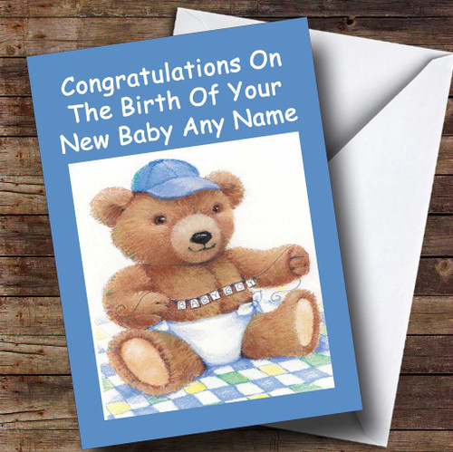 Blue Cute Teddy Boy Personalised New Baby Card - The Card Zoo