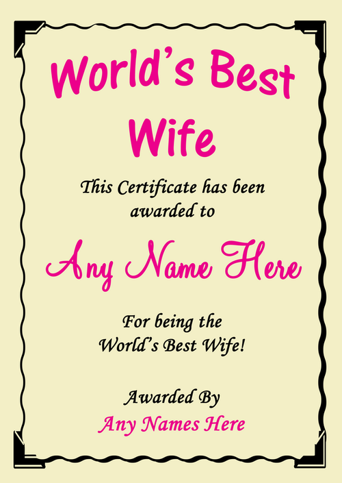 Wife Best In The World Award Personalised Certificate - The Card Zoo