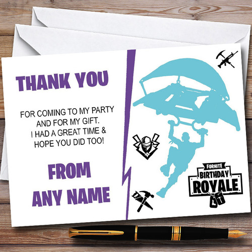 Fortnite White Purple Blue Personalised Birthday Party Thank You Cards ...