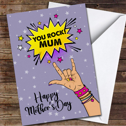 Mom Rocks Card You Rock Hand Purple Background Personalised Mother's Day Card - The ...