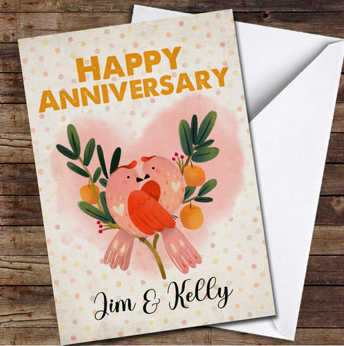 Cute Pink Birds In Love Happy Anniversary Names Personalised Card - The ...