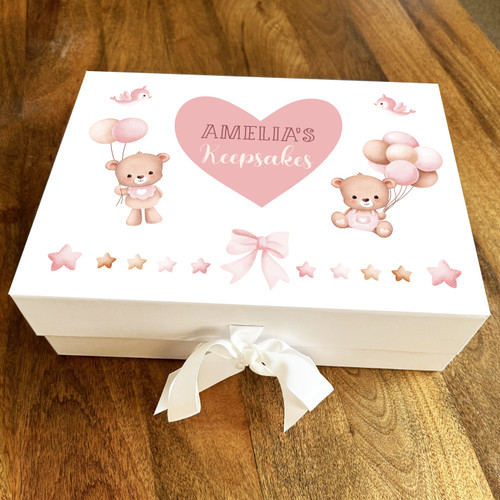 New Baby Girl Keepsakes Teddy Bear Cute Pink Bow Memory Box - The Card Zoo