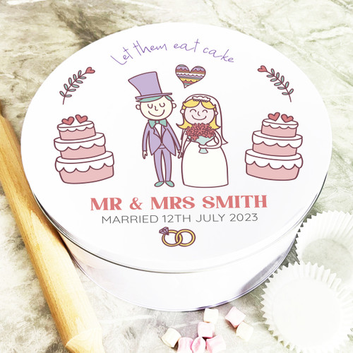 Round Wedding Mr & Mrs Let Them Eat Personalised Cake Tin The Card Zoo