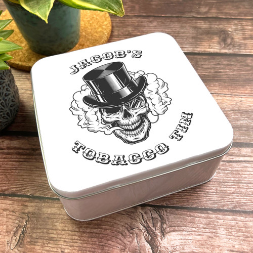 personalised tobacco tin with name Square Smoking Skull Top Hat Vintage Tobacco Storage Personalised Smokes Tin
