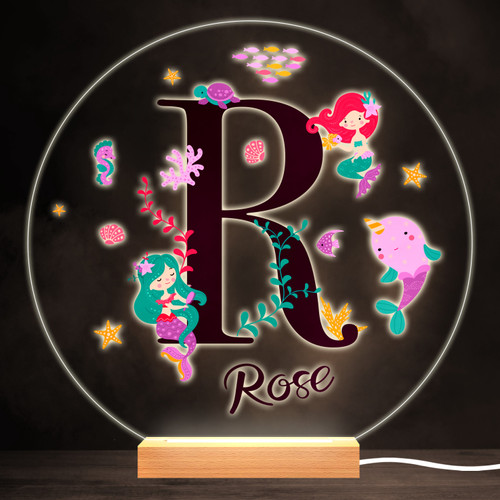 Sealife With Mermaids Alphabet Letter R Round Personalised Gift Lamp ...
