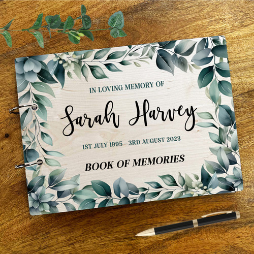 Teal Memory Wood Green Leaves Teal Memorial In Loving Memory Photo Album Keepsake ...