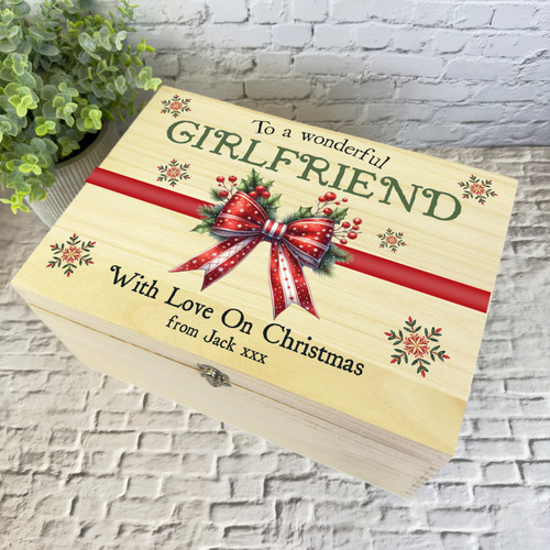 Girlfriend Red Bow Wooden Personalised Christmas Hamper Gift Box