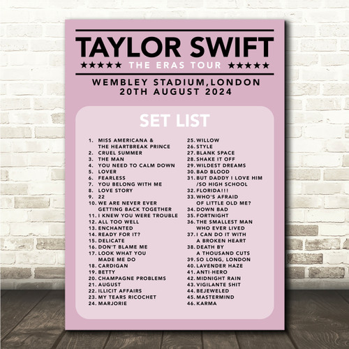 Taylor Swift - Concert Setlist Gig Poster Print Canvas Pink