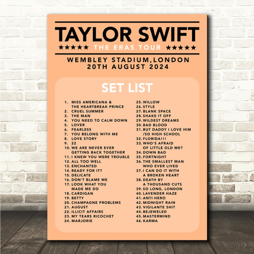 Taylor Swift - Concert Setlist Gig Poster Print Canvas Coral