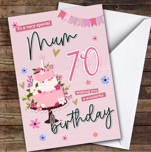 Personalised Mum 70th Birthday Card Pink Birthday Card Cake - The Card Zoo