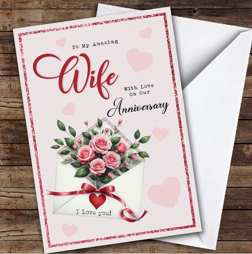 Personalised Wedding Anniversary Card For Wife Pink Roses Envelope ...