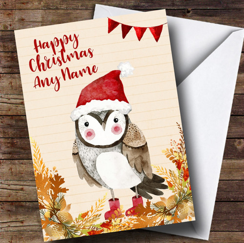 Gold Foliage Owl Personalised Cute Christmas Card - The Card Zoo