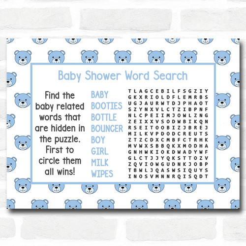 Boys Blue Teddys Baby Shower Games Word Search Cards The Card Zoo