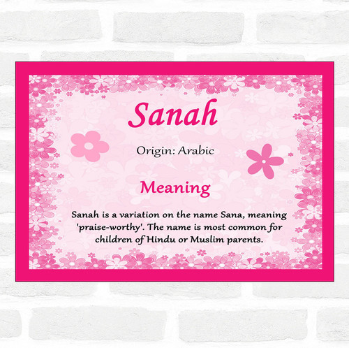 Sanah Name Meaning Pink Certificate - The Card Zoo