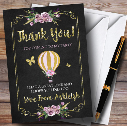 Chalk and Gold Floral Hot Air Balloon Party Thank You Cards - The Card Zoo