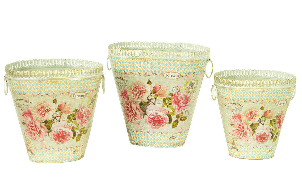 French country planters vintage painted metal decorative vases & flower pots by Dolce Mela (set of 3)