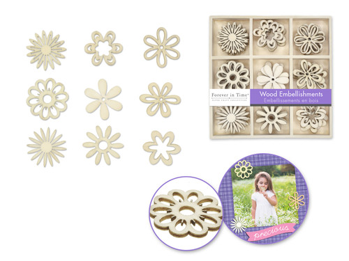 Wood Flower Embellishments - 45 pieces