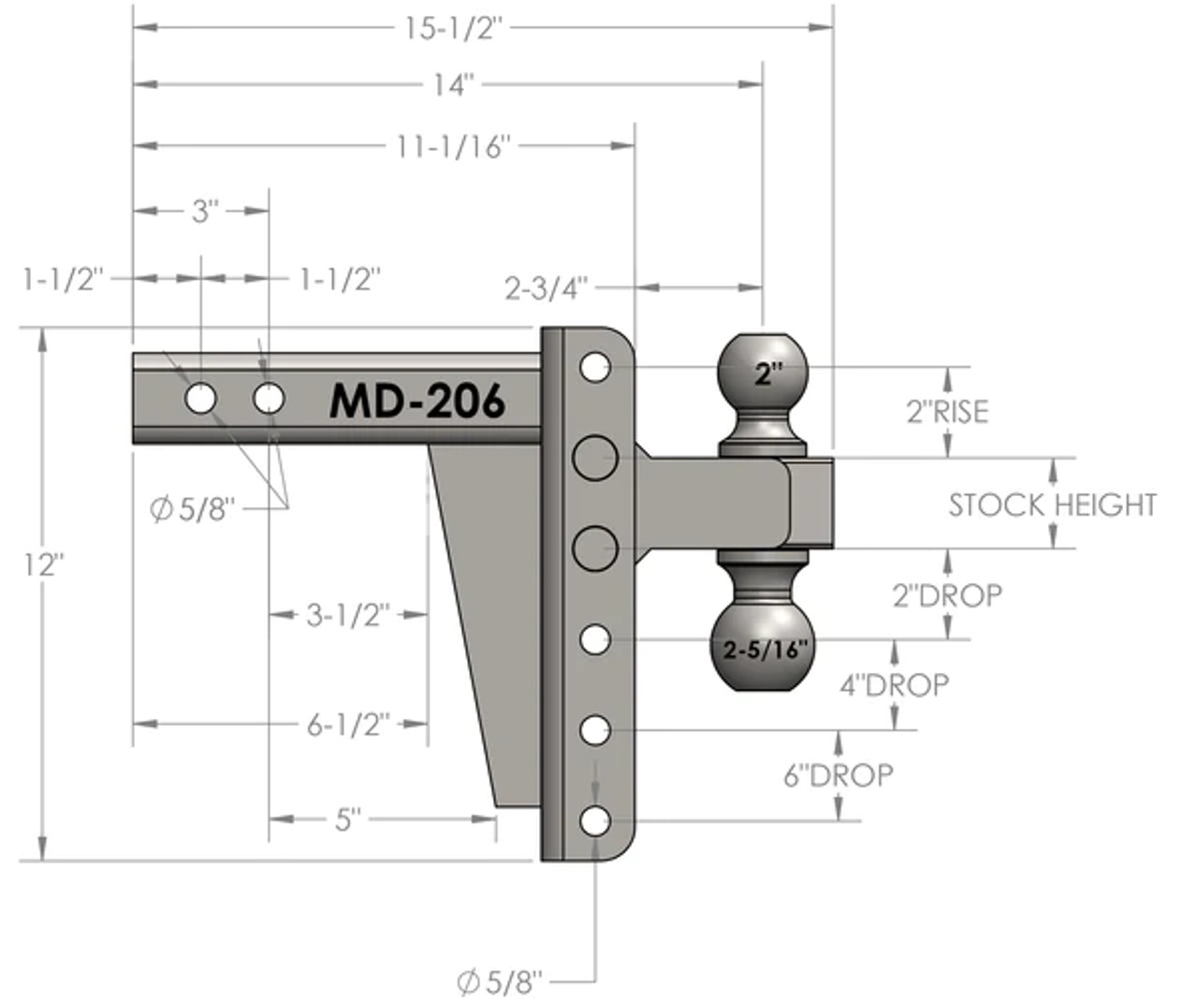 BPMD206 --- Dual-Ball Five Position 2" Shank Medium Duty Hitch - 14k