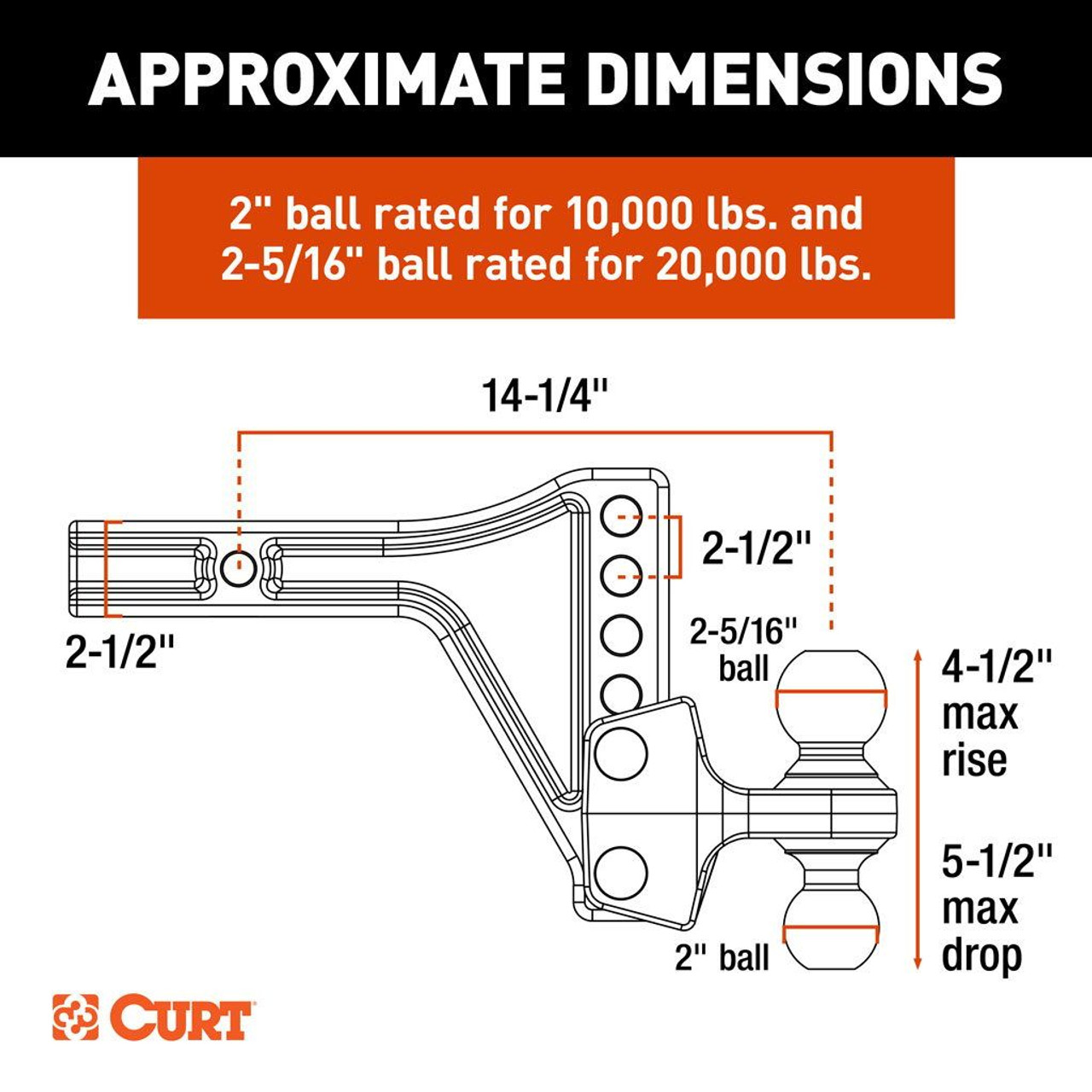 45937 --- Adjustable Hitch Ball Mount - 2-1/2" Shank - 20,000 lb Capacity