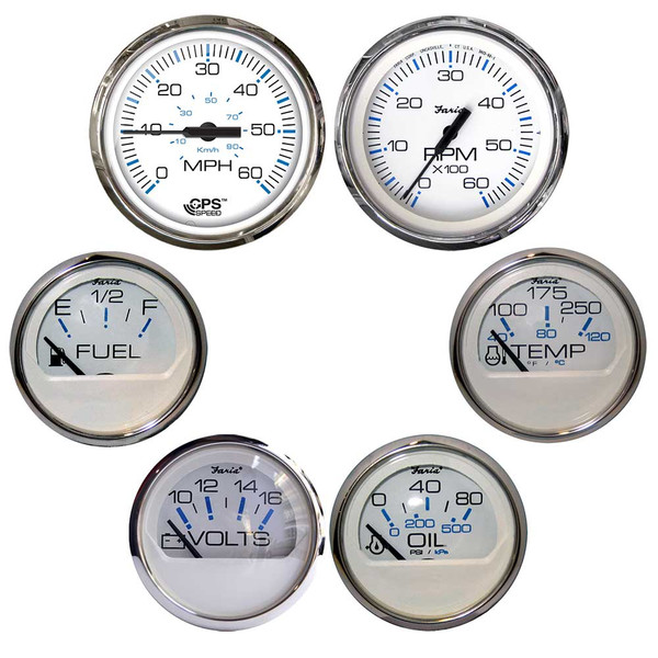 Faria Chesapeake White w\/Stainless Steel Bezel Boxed Set of 6 - Speed, Tach, Fuel Level, Voltmeter, Water Temperature  Oil PSI - Inboard Motors [KTF063]