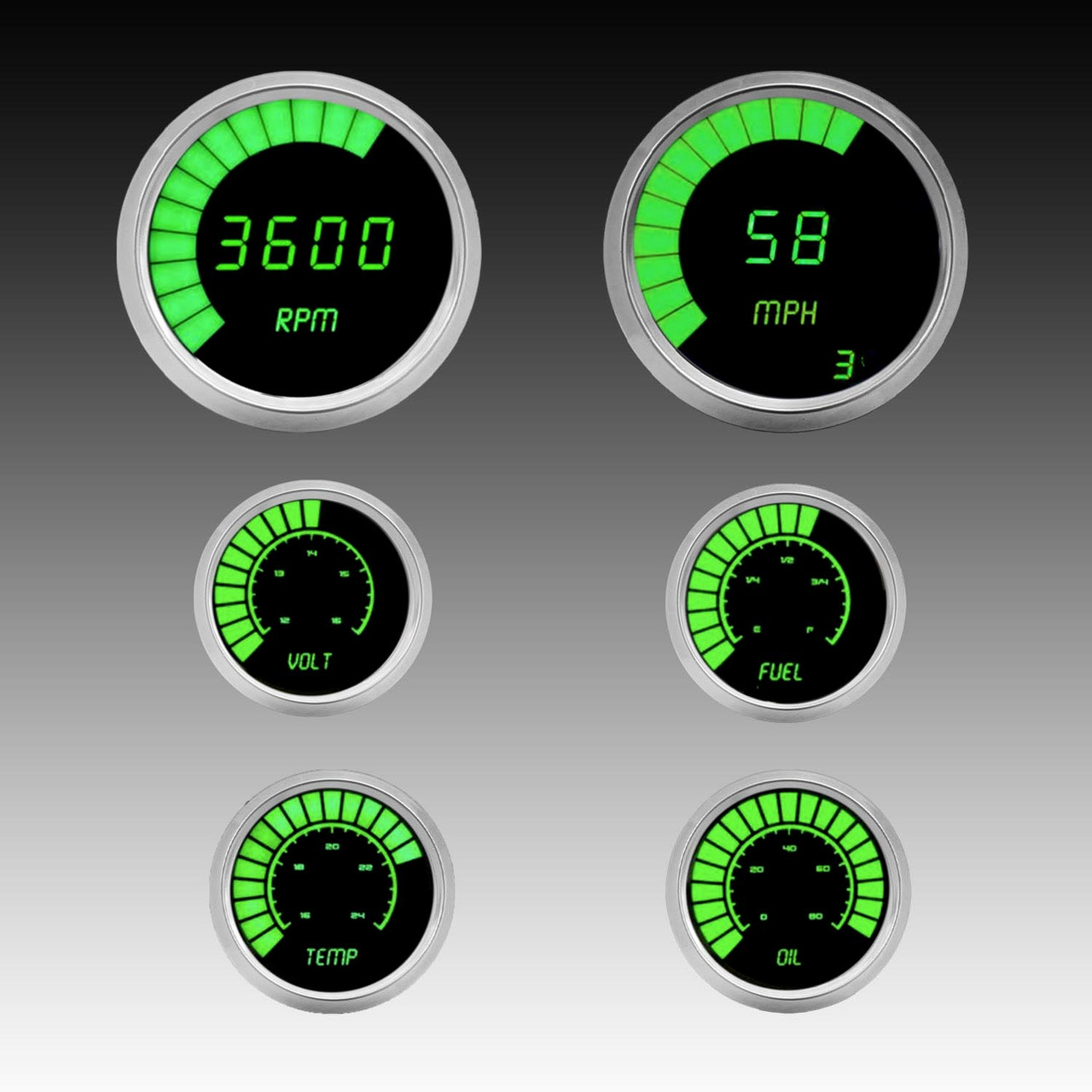 Multi-Gauge Analog LED Bargraph Set Chrome Bezel – GREEN