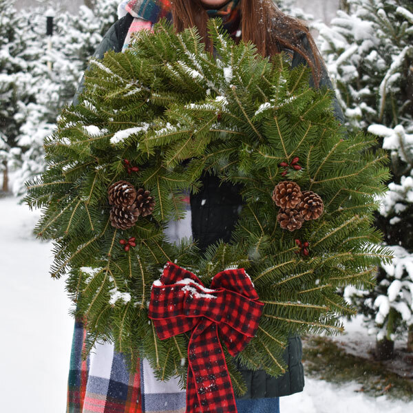 wreath with plaid bow and snow on it