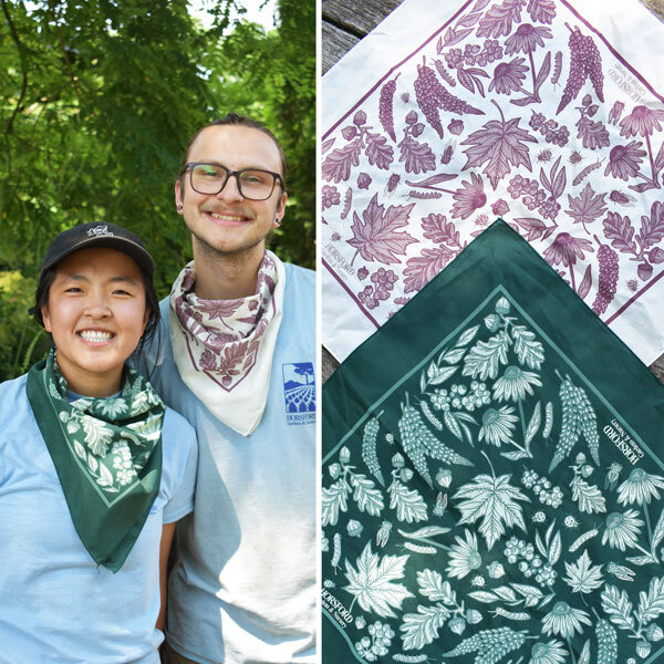 split photo with one half showing two people wearing bandanas, the other half showing the bandana design