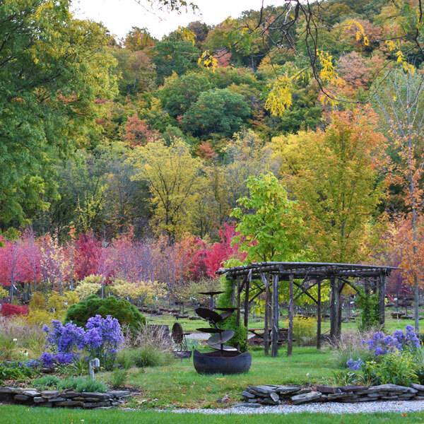 a garden with a large dark sculpture in front of fall foliage on a hill