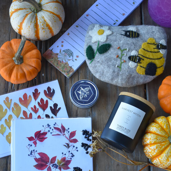 a spread of fall themed items over a wood surcase