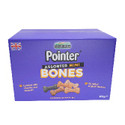 Purple box of Pointer Assorted Mini Bones dog treats, with bone shapes visible