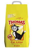 Yellow bag of Thomas Cat Litter, featuring a black and white cat illustration.