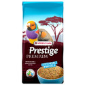 Bag of Versele-Laga Prestige Premium bird food, featuring two finches, with a bowl of food and a blue sky background.