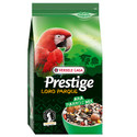 Green bag of Versele-Laga Prestige Loro Parque parrot food, with a red macaw illustration and a bowl of seeds.