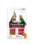 Bag of Versele-Laga NutriBird G14 Tropical bird food. White bag with colourful pellets, bird illustrations.