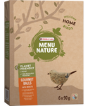 Cardboard box of Versele Laga bird food, featuring a bird illustration and "Menu Nature" branding.