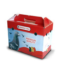 Red and blue cardboard Versele Laga transport box for pigeons, with a pigeon illustration and Belgian flag.